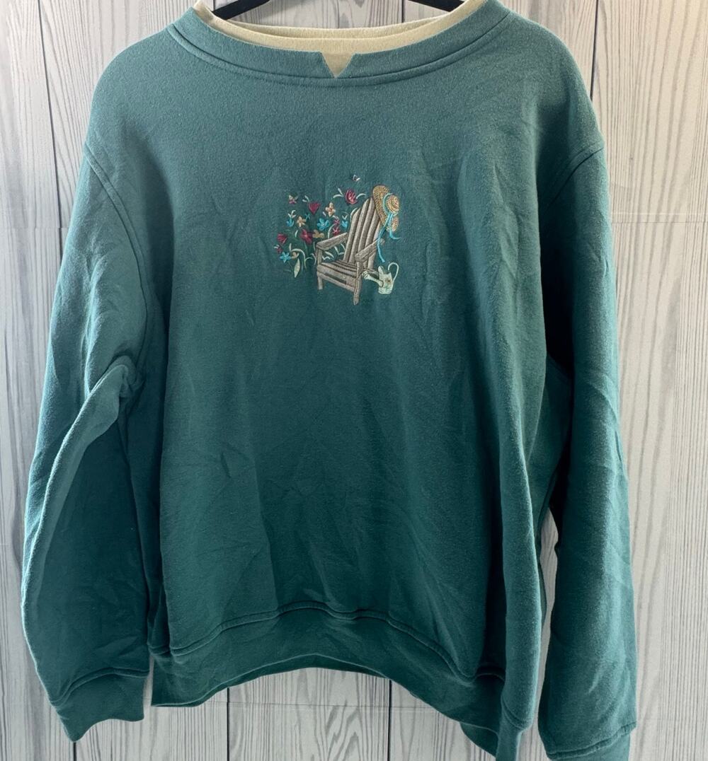 Vintsge 1990s Shenanigans Embroidered Pullover XL Beach Grandma Cottage